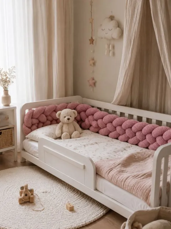 Bouclé Palmikko reunasuoja pinnasänkyyn ja juniorisänkyyn - Pink