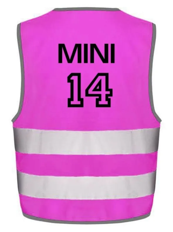 Huomioliivi lapsen omalla nimellä ja numerolla, pinkki