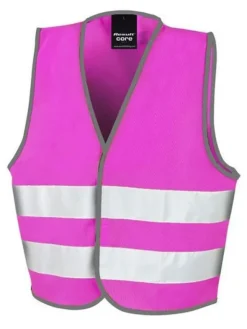 Huomioliivi lapsen omalla nimellä ja numerolla, pinkki